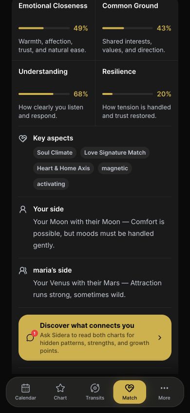 Match showing relationship dimensions, both perspectives, and contextual chat