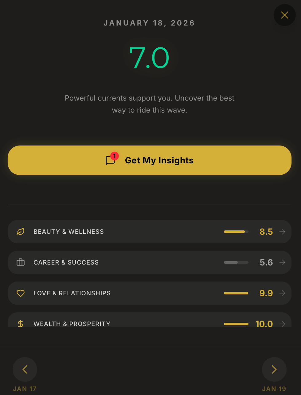 Sidera daily insights screen showing cosmic scores for health, wealth, and love categories