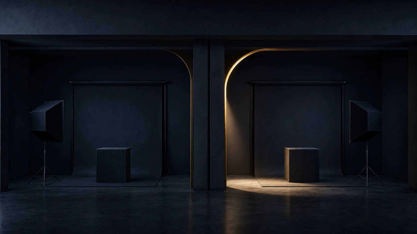 Two identical empty photo studios with one ready product plinth selected by a restrained gold lunar notch