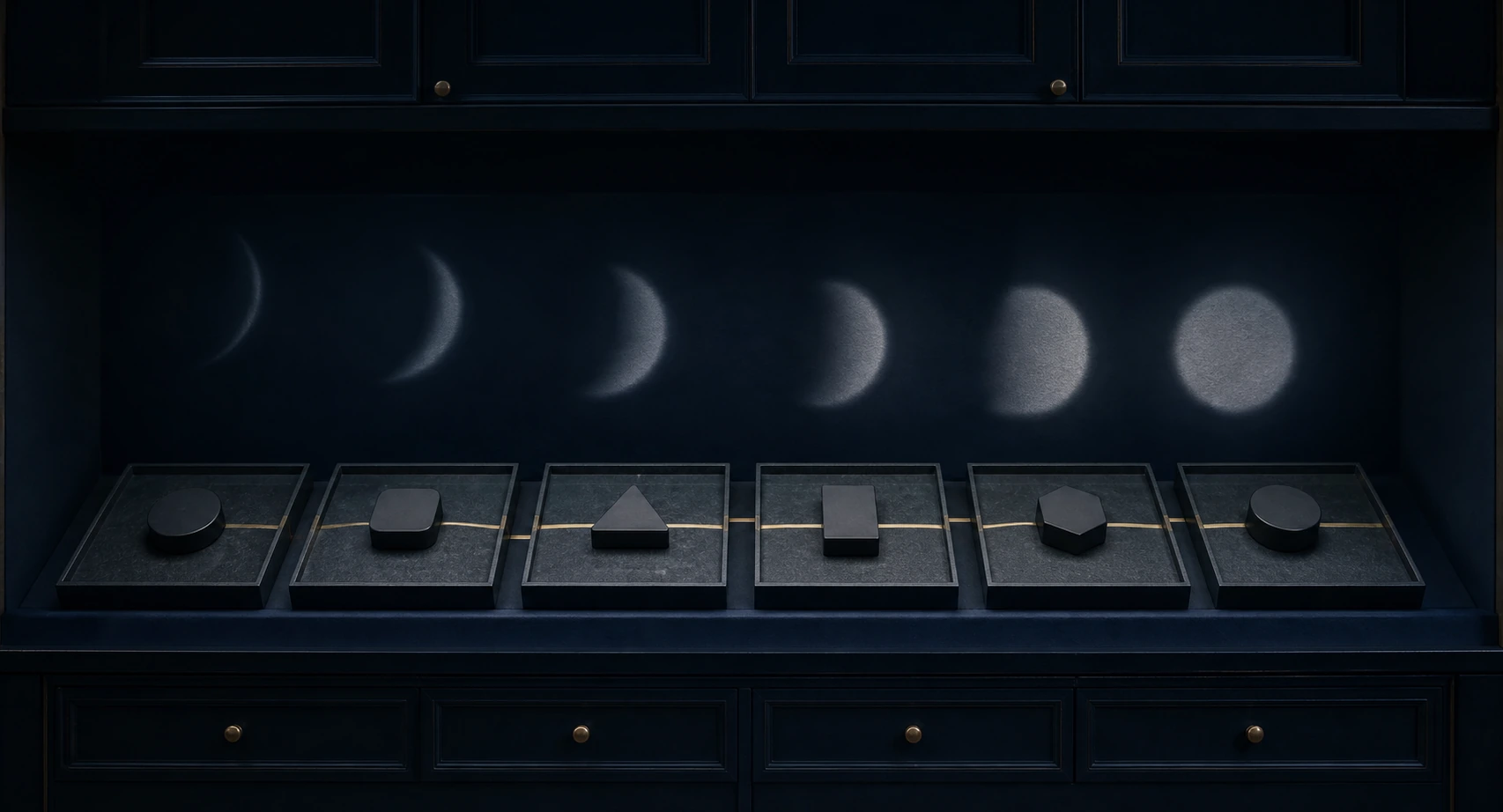 Sequence of blank observation trays under changing lunar shadows with a restrained gold pattern emerging across repeated samples