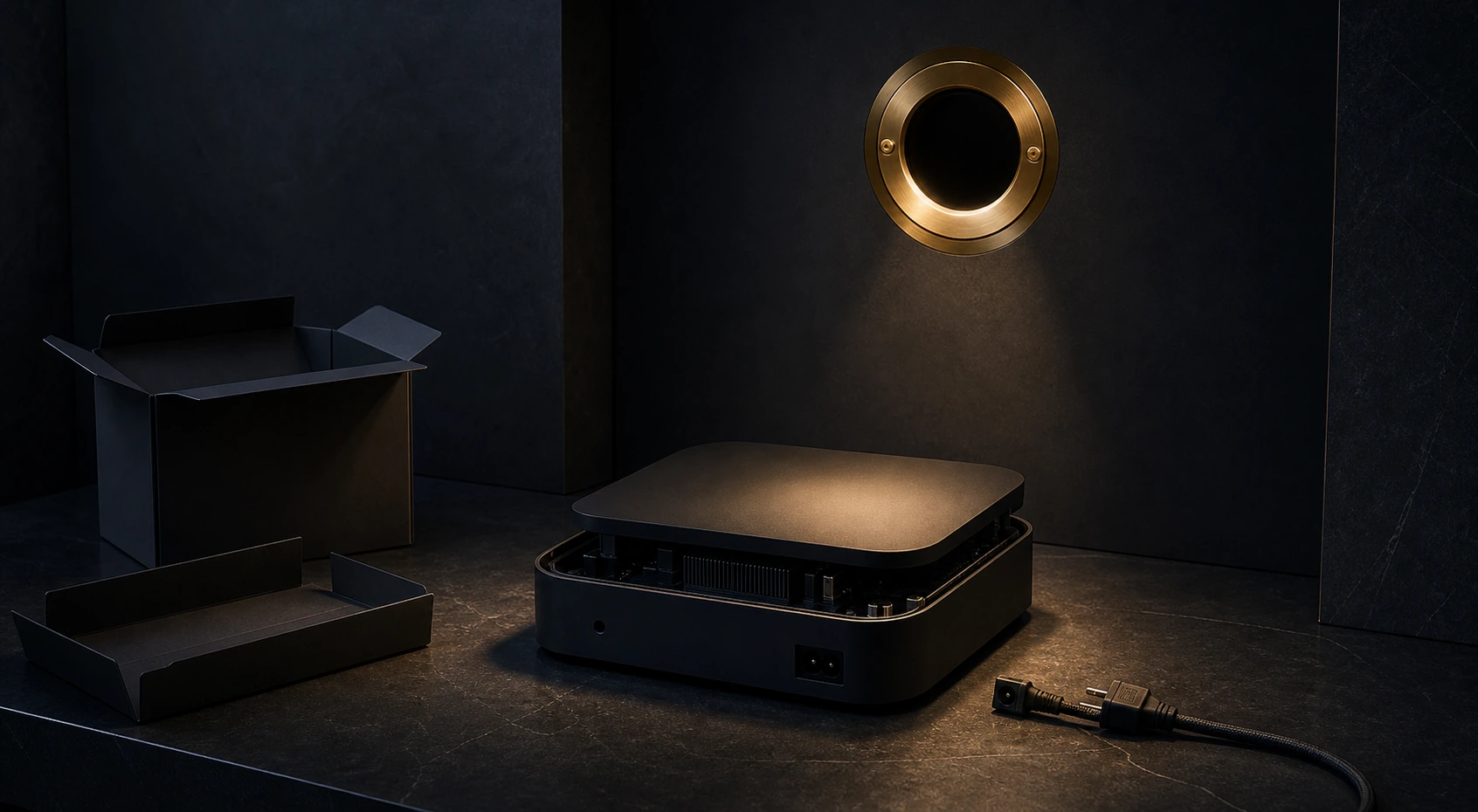 Gold timing aperture illuminating an unfinished blank product prototype with its casing open and cable disconnected