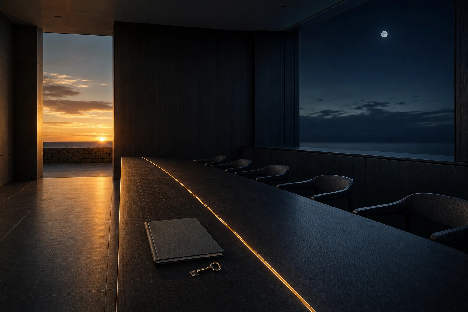 Empty meeting room divided by a precise sunset boundary before a blank folio reaches the night side