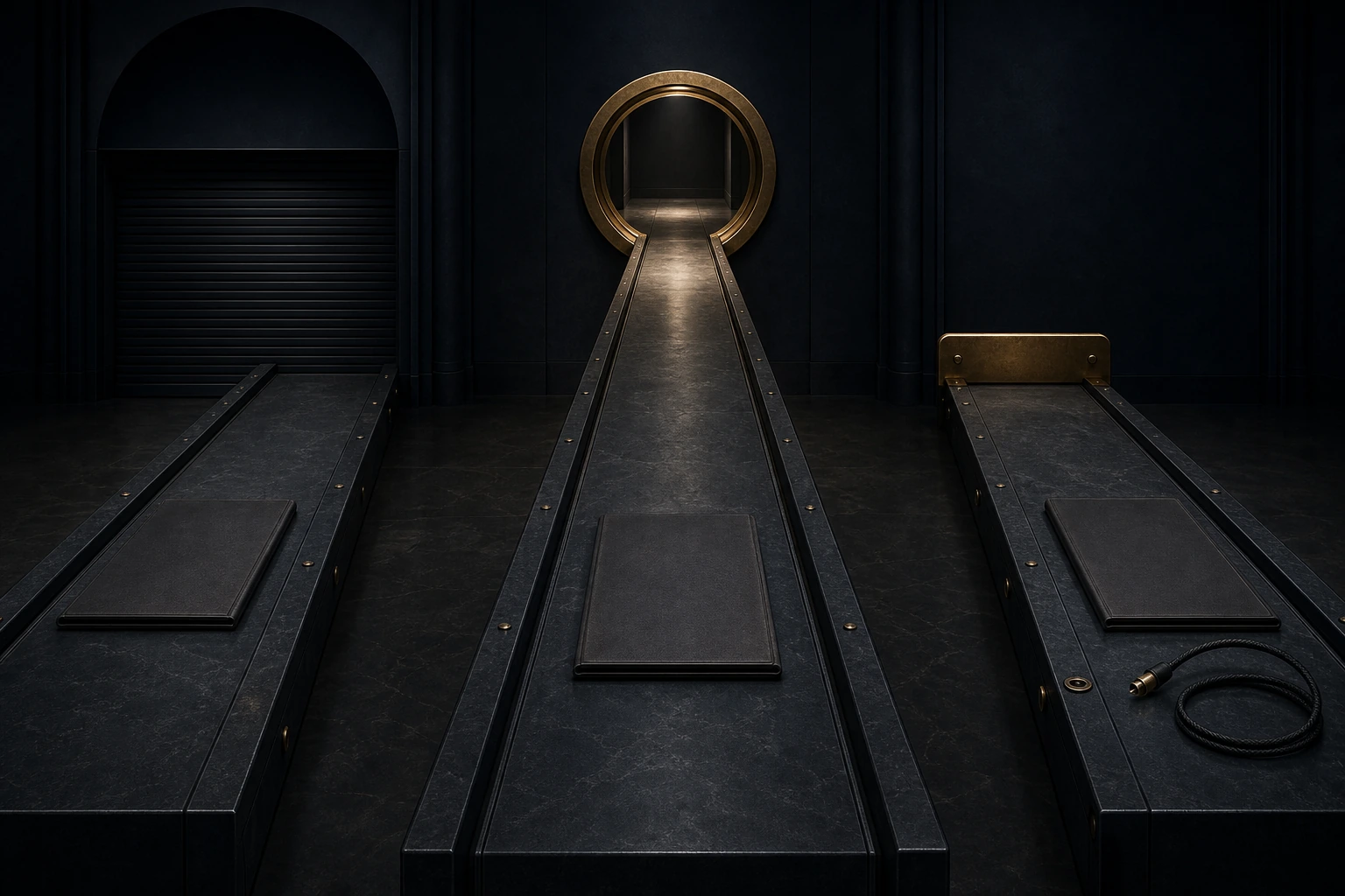 Three blank proposal cases on separate dispatch rails with only one path open through a gold timing aperture