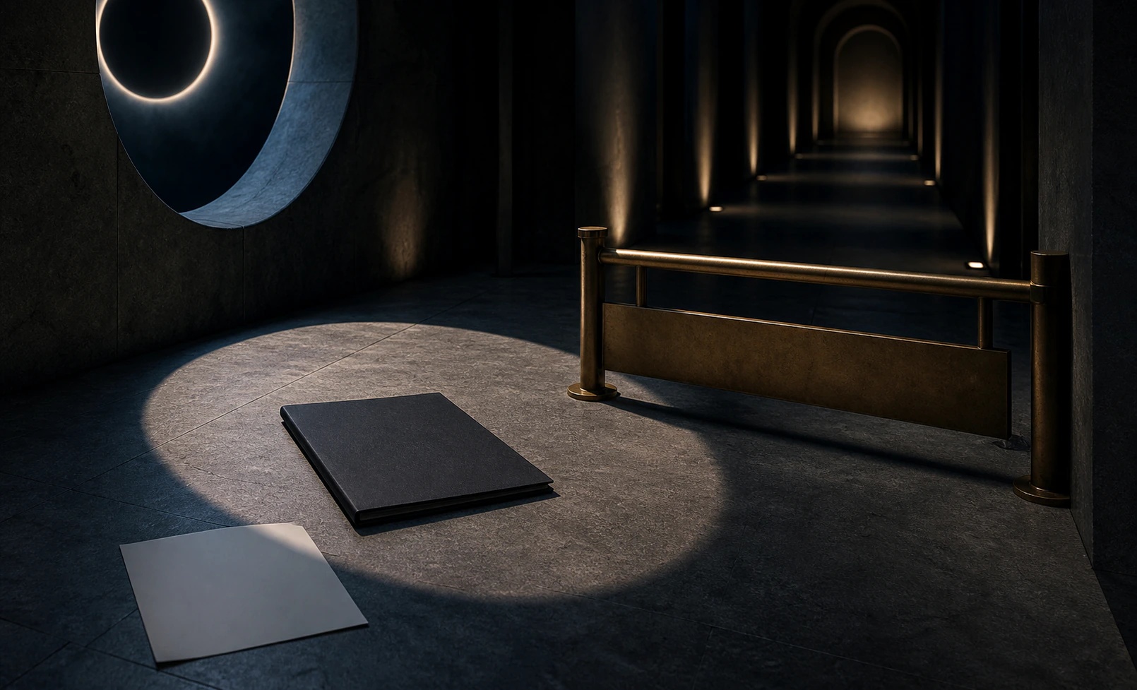 Eclipse-like architectural shadow blocks a blank contract folder at a brass go-no-go gate