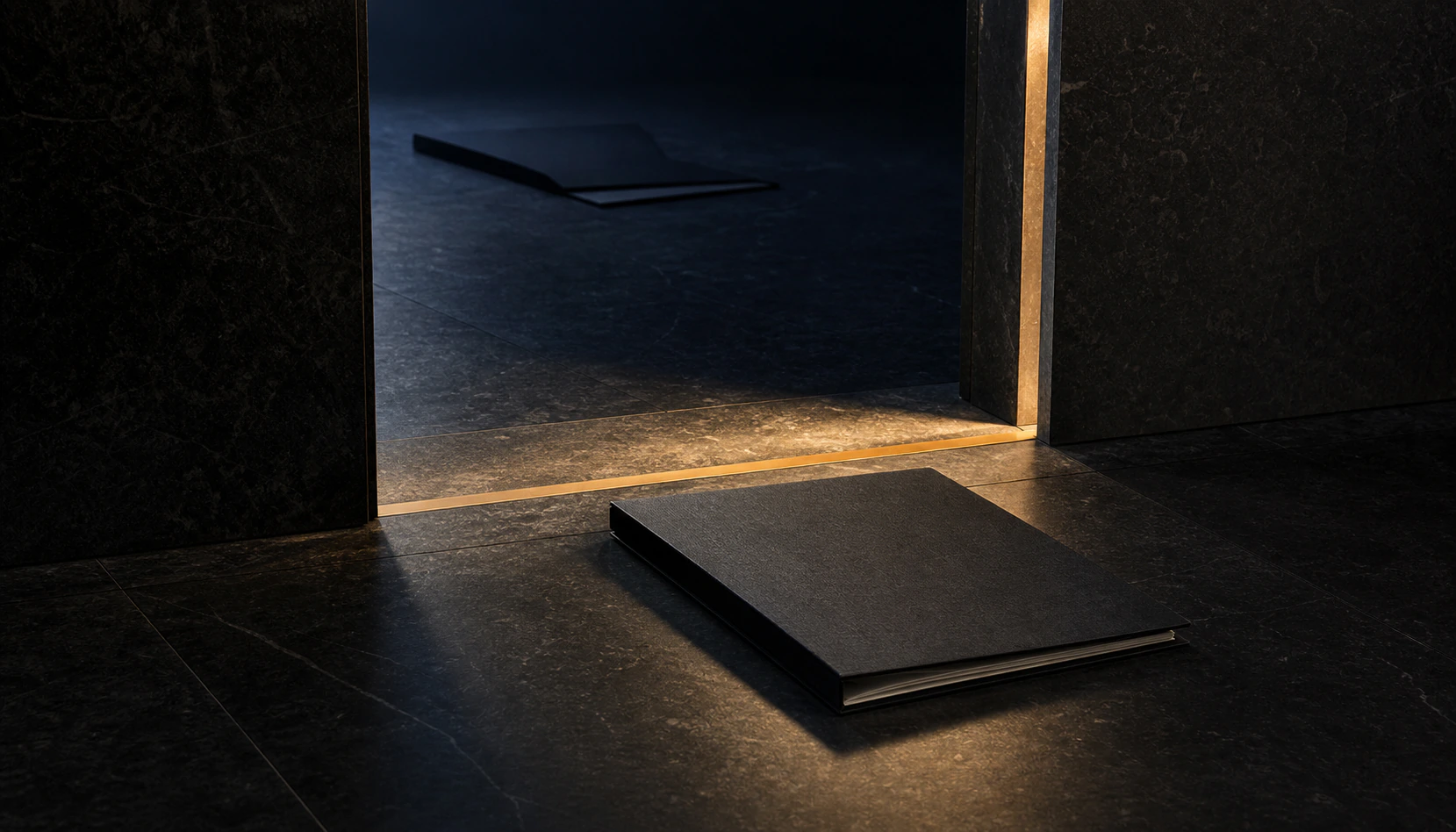 Blank contract folder aligned at a calm gold-lit threshold while a second folder remains in shadow