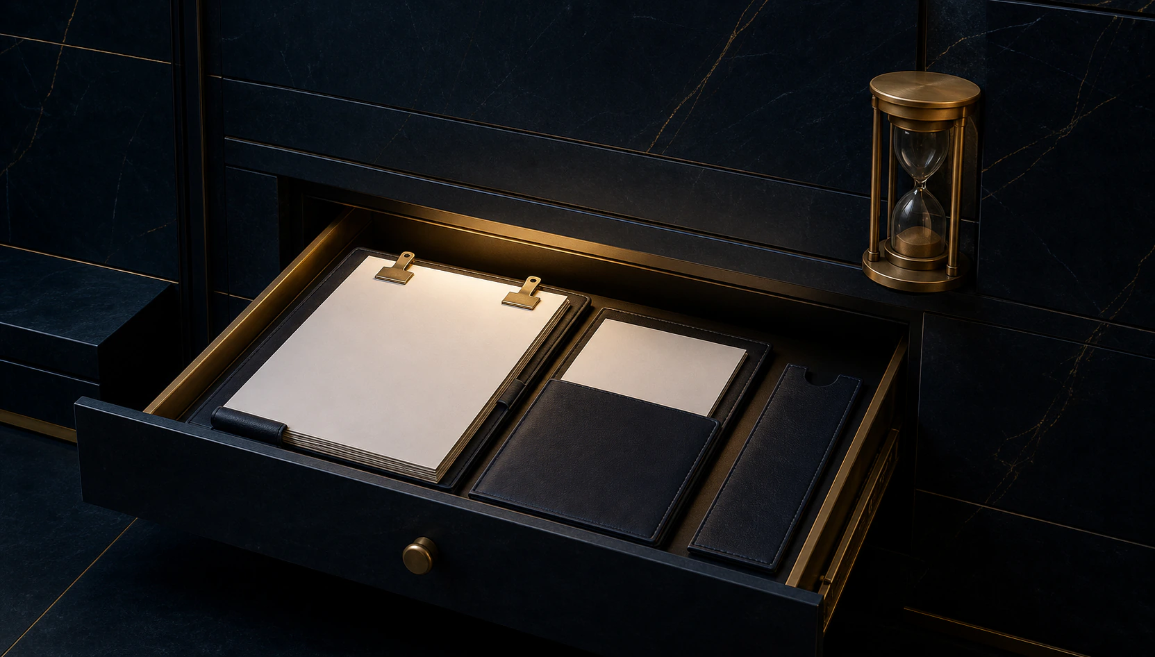 Blank contract packet secured with review clips, duplicate copies, and an amendment sleeve inside an open archive drawer