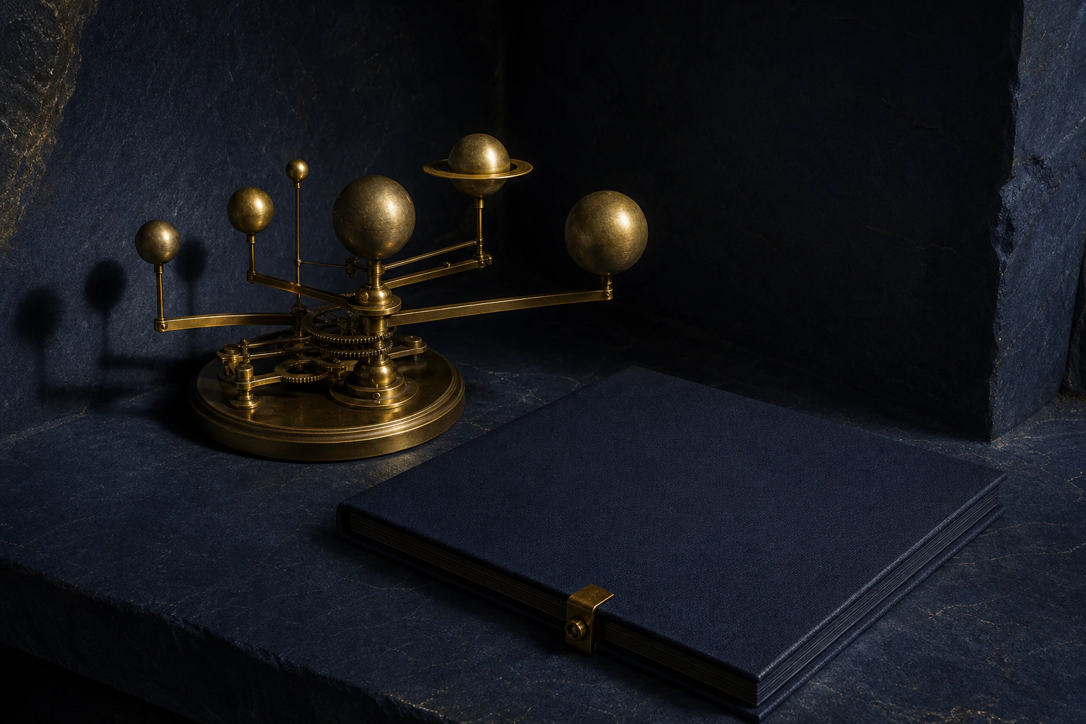 Precision brass timing instrument casting orderly planetary shadows across a blank contract folio