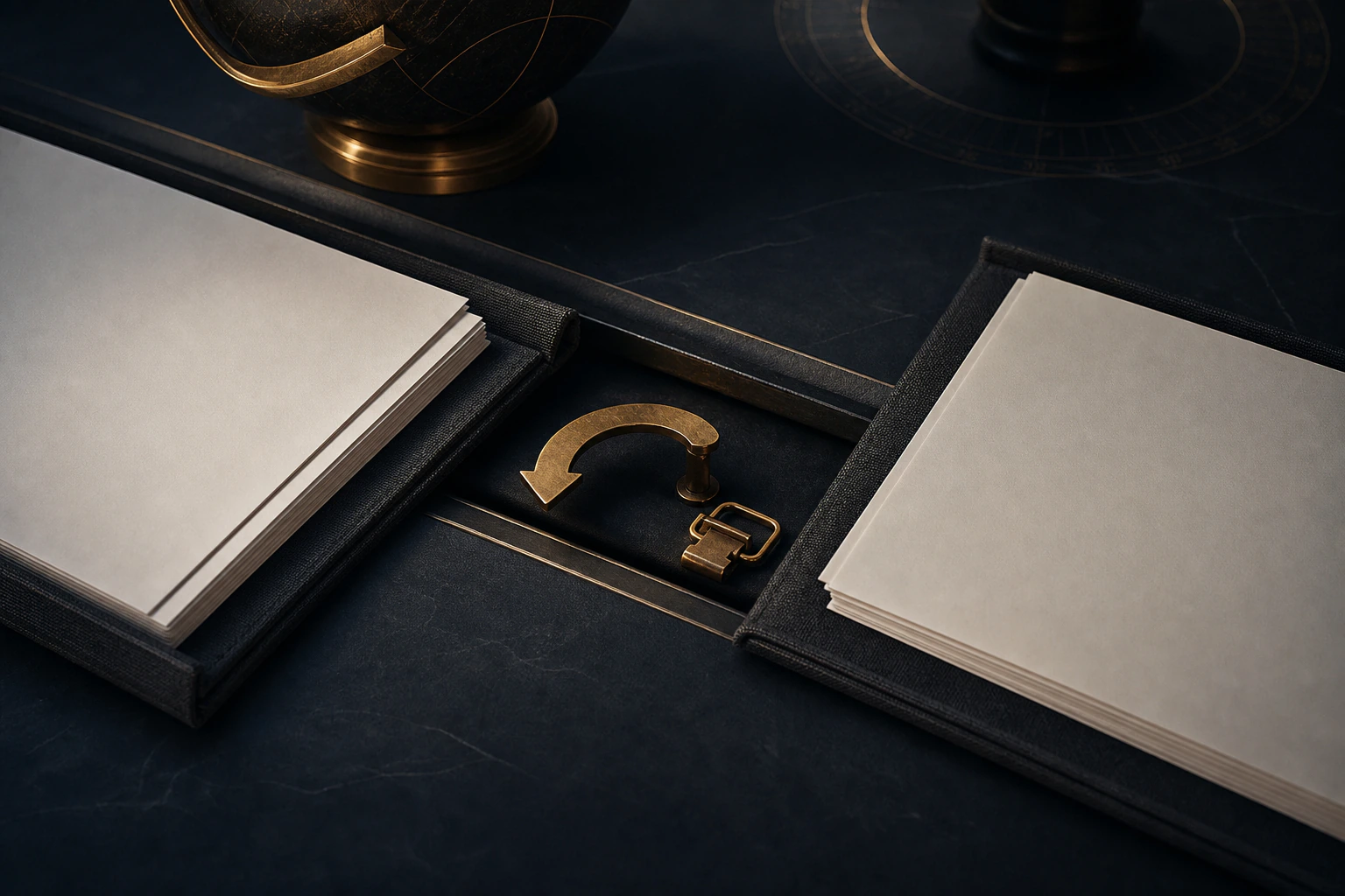 Two conflicting blank contract versions misaligned on a dark review rail with a gold return marker