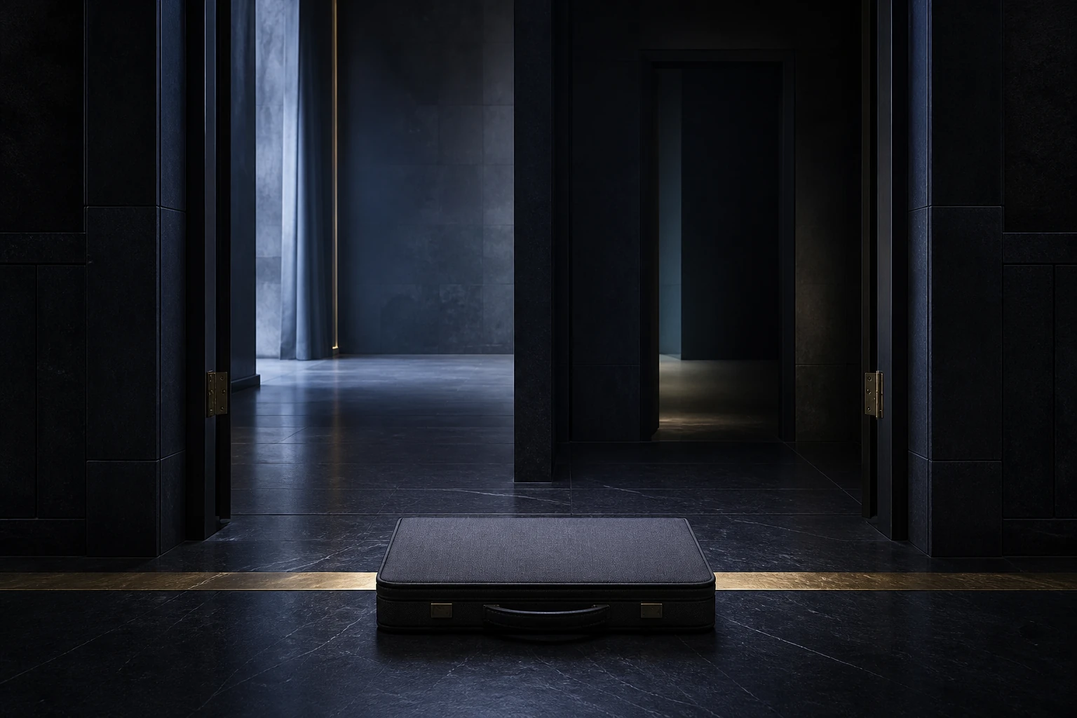 Closed portfolio case aligned at a gold-lit interview-room threshold with two empty role doorways beyond