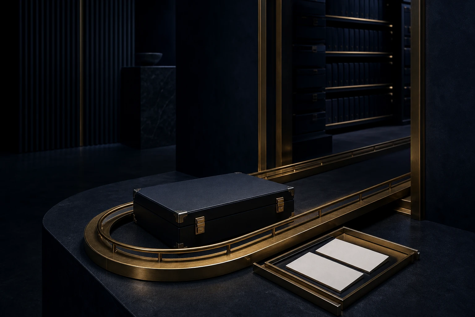 Work-sample case returns along a U-shaped brass review rail toward an open archive bay with blank revision cards