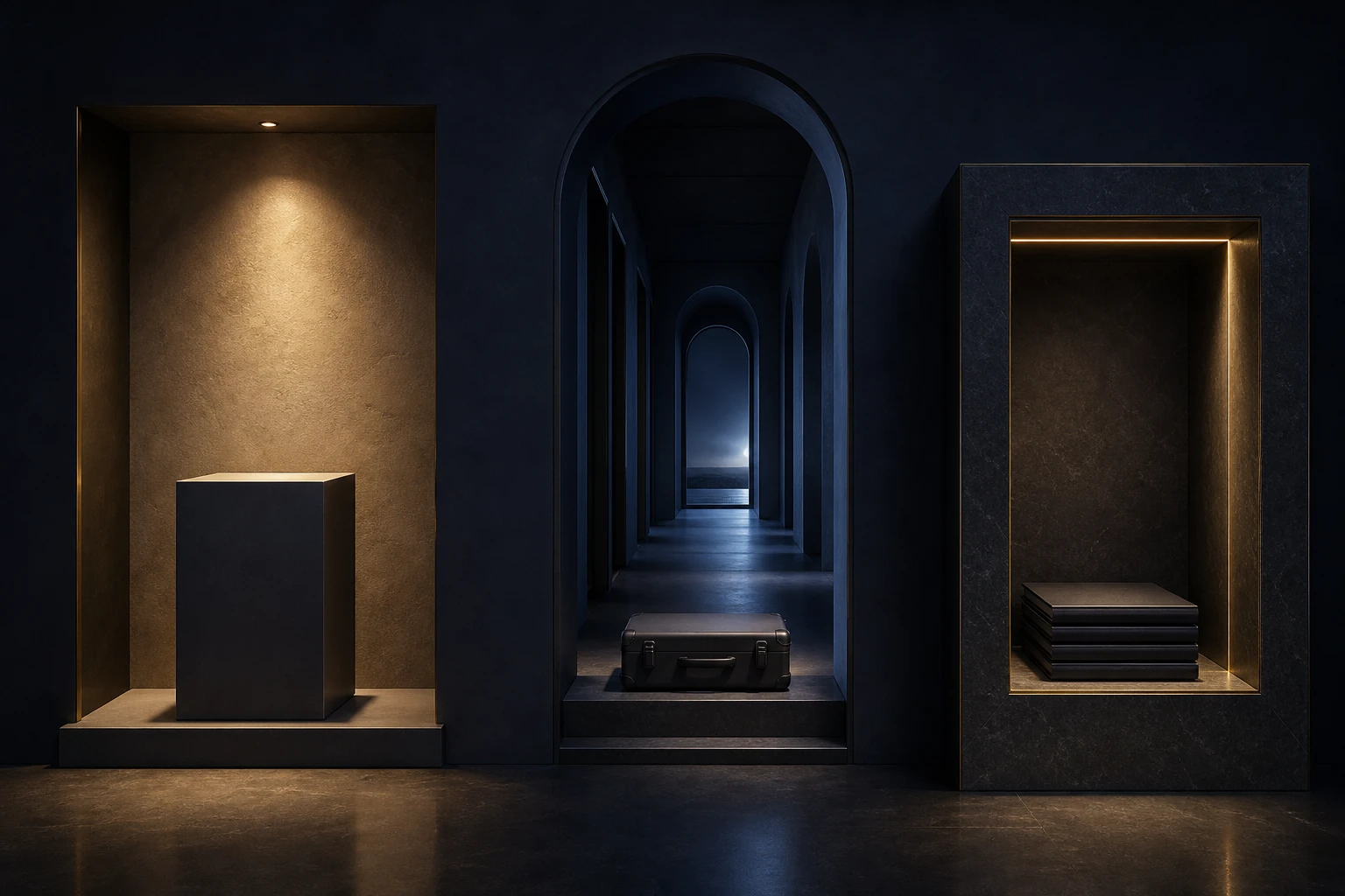 Three empty architectural niches hold a presentation plinth, field case, and precision archive for different interview tones