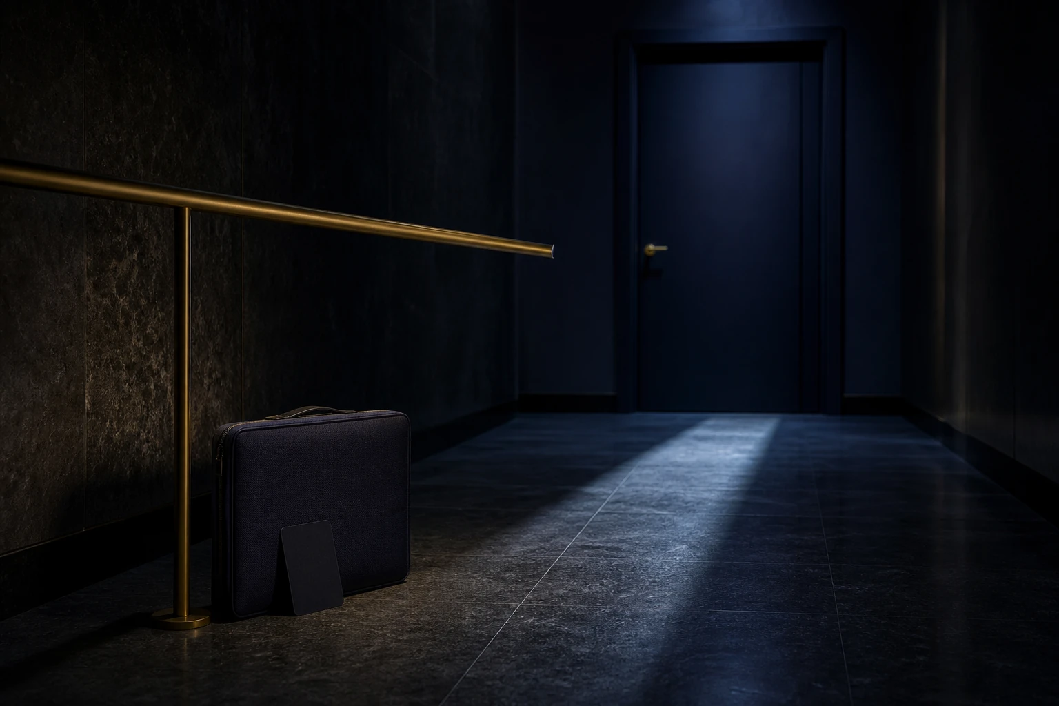 Blank interview pass and portfolio stopped at a broken brass guide rail before a dark meeting-room door