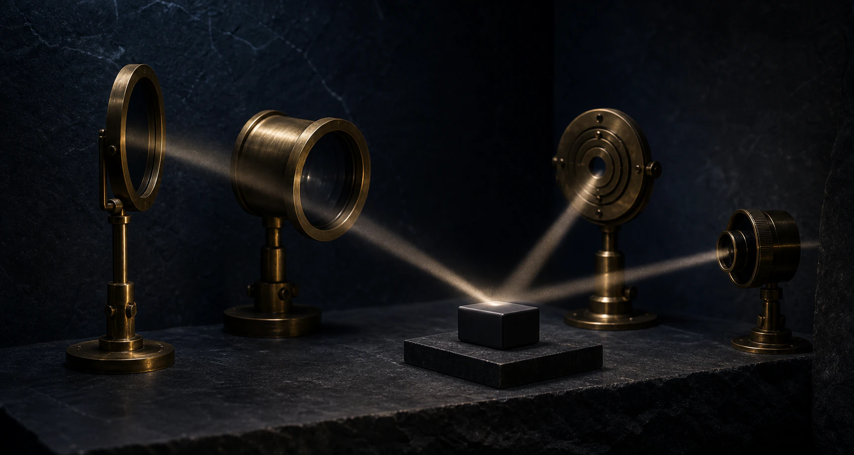 Four unlabeled brass calibration apertures focus light onto one blank business prototype on midnight stone