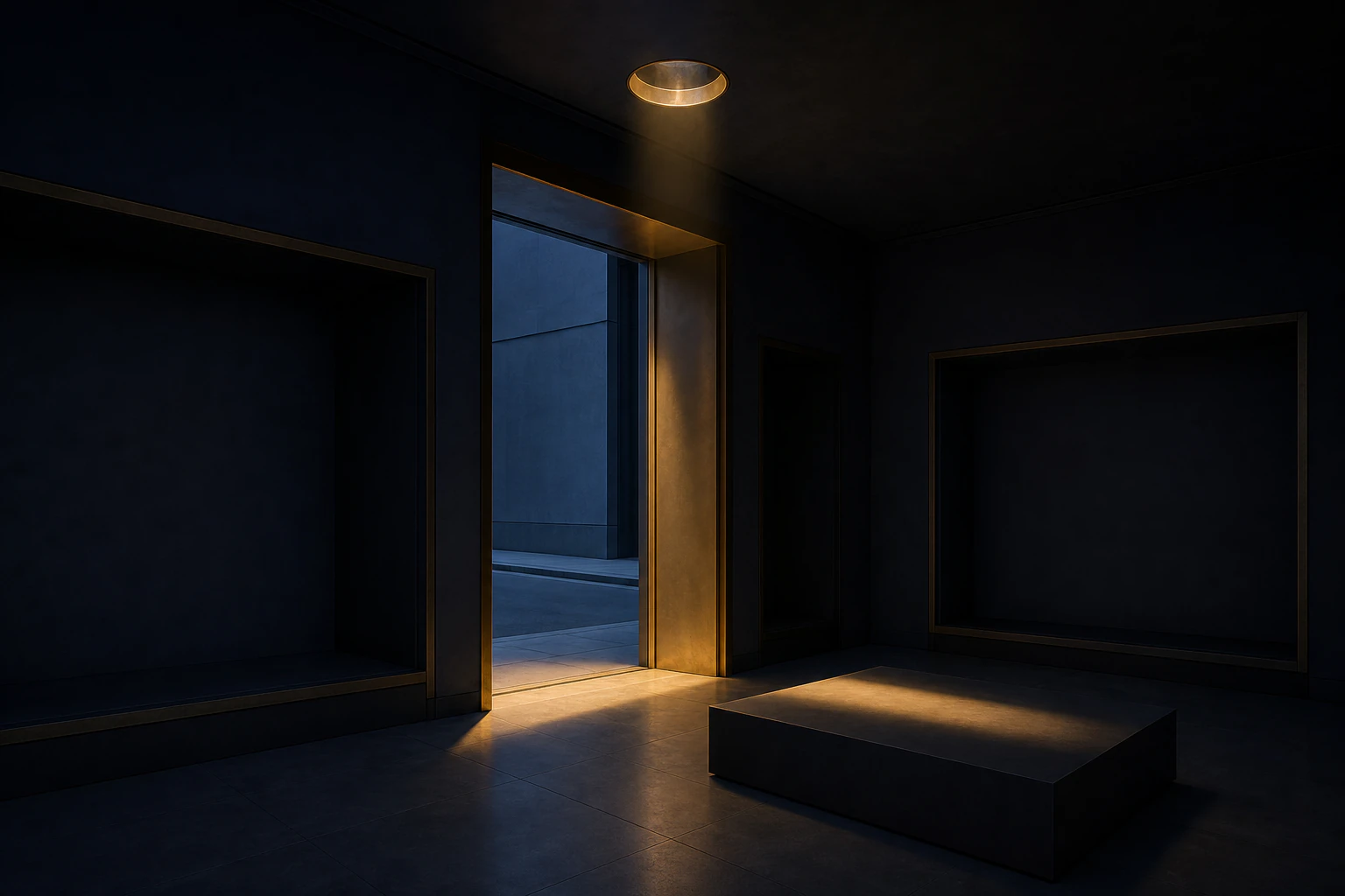 Empty midnight storefront with one precise band of gold light selecting the launch threshold and blank display plinth
