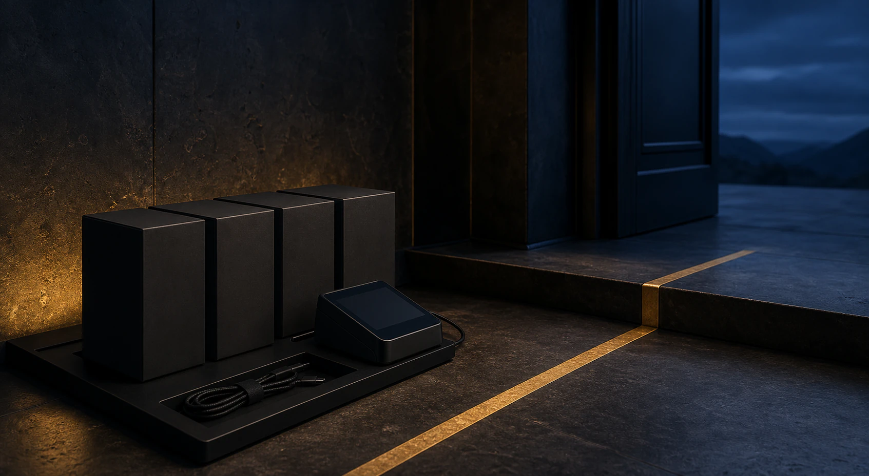 Prepared dark product studio with connected equipment and blank packages waiting at a gold-edged launch threshold