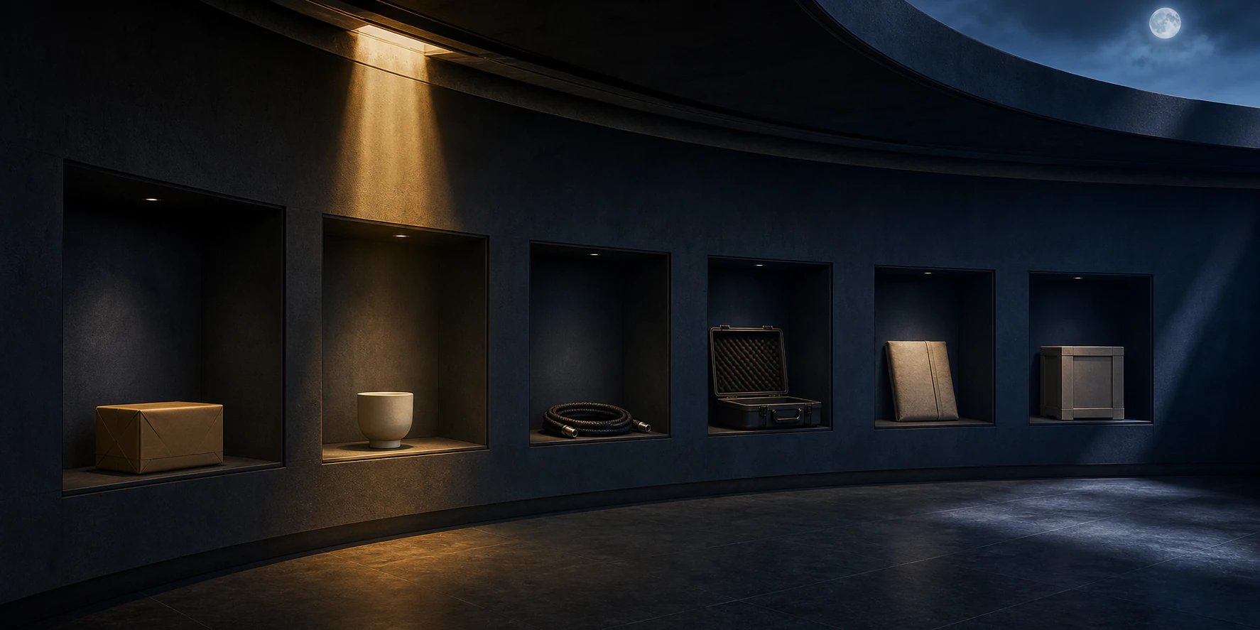 Curved wall of distinct blank business bays with a moving gold aperture illuminating only the deliverable launch lane