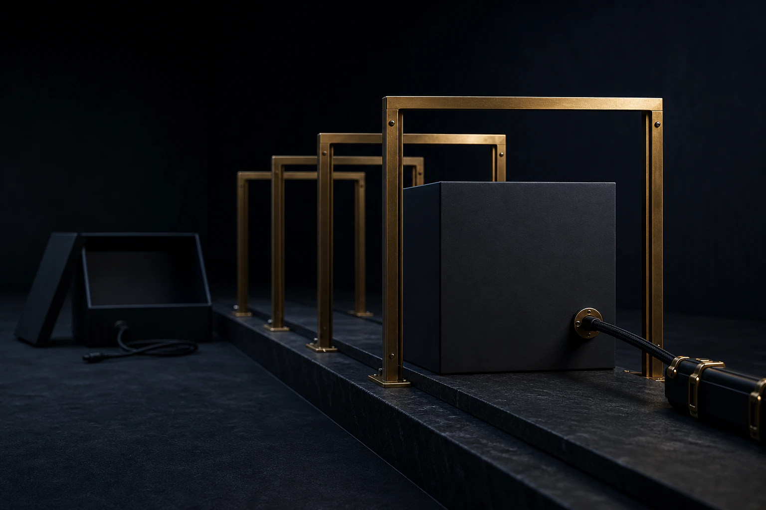 Ready blank parcel clears five open brass timing gates while an incomplete package remains blocked in shadow