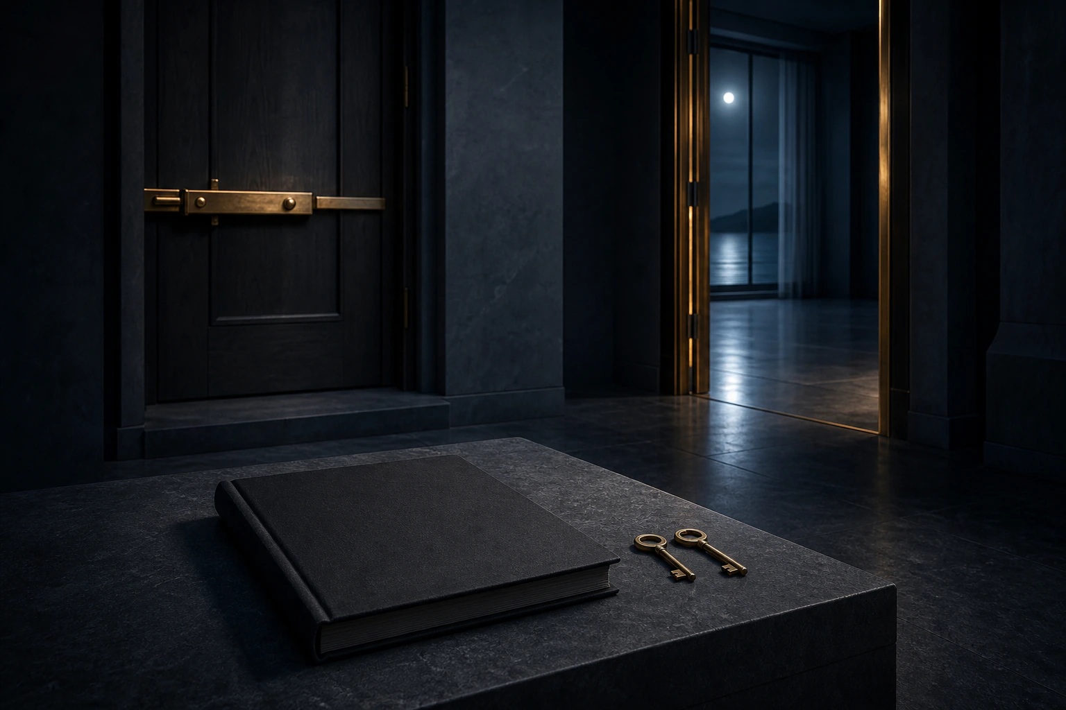 Blank commitment folio and two keys waiting at a fork between a sealed door and a gold-edged open threshold