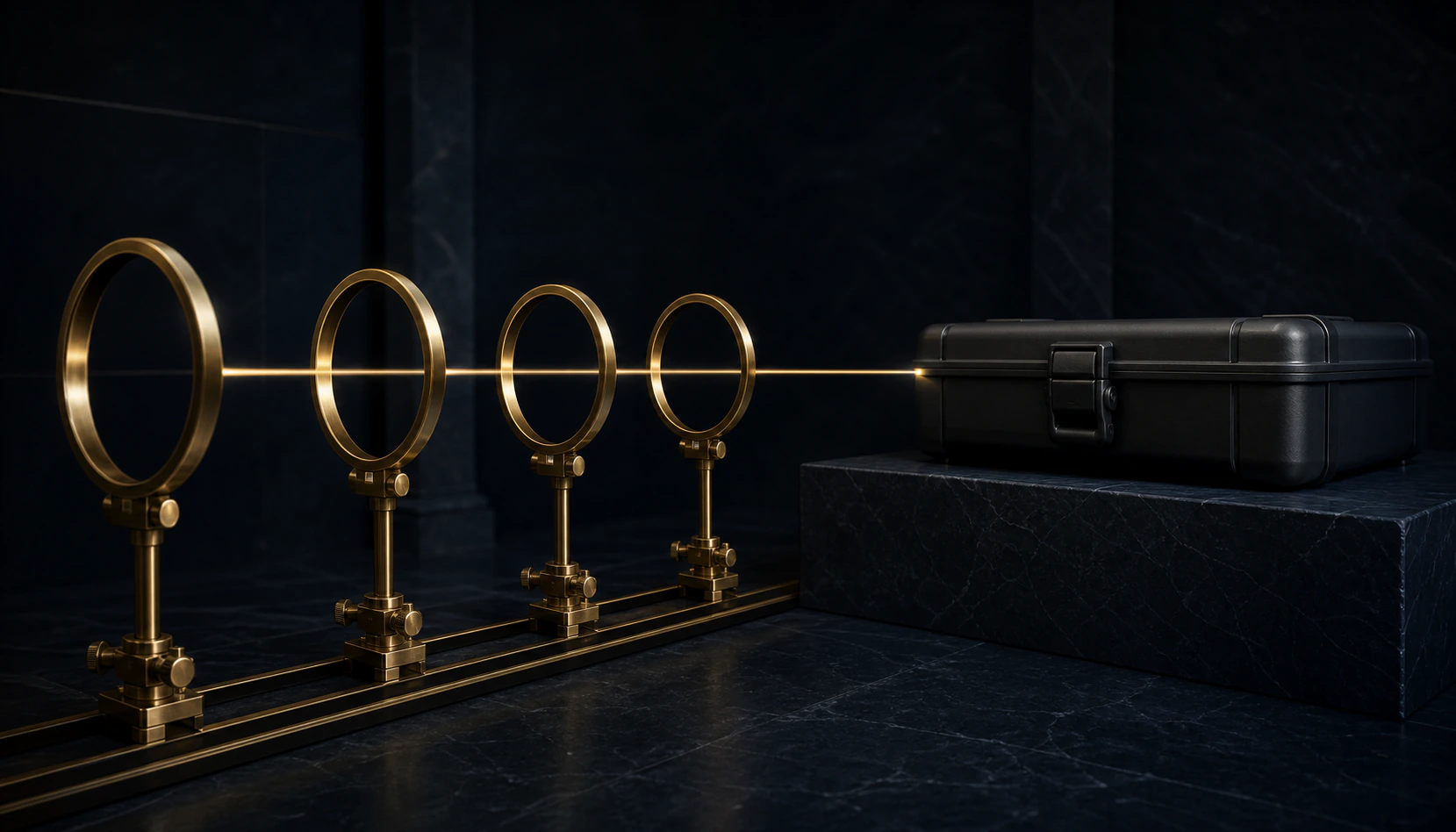 Aligned brass timing rings focus light on a sealed blank launch case whose practical latch remains closed