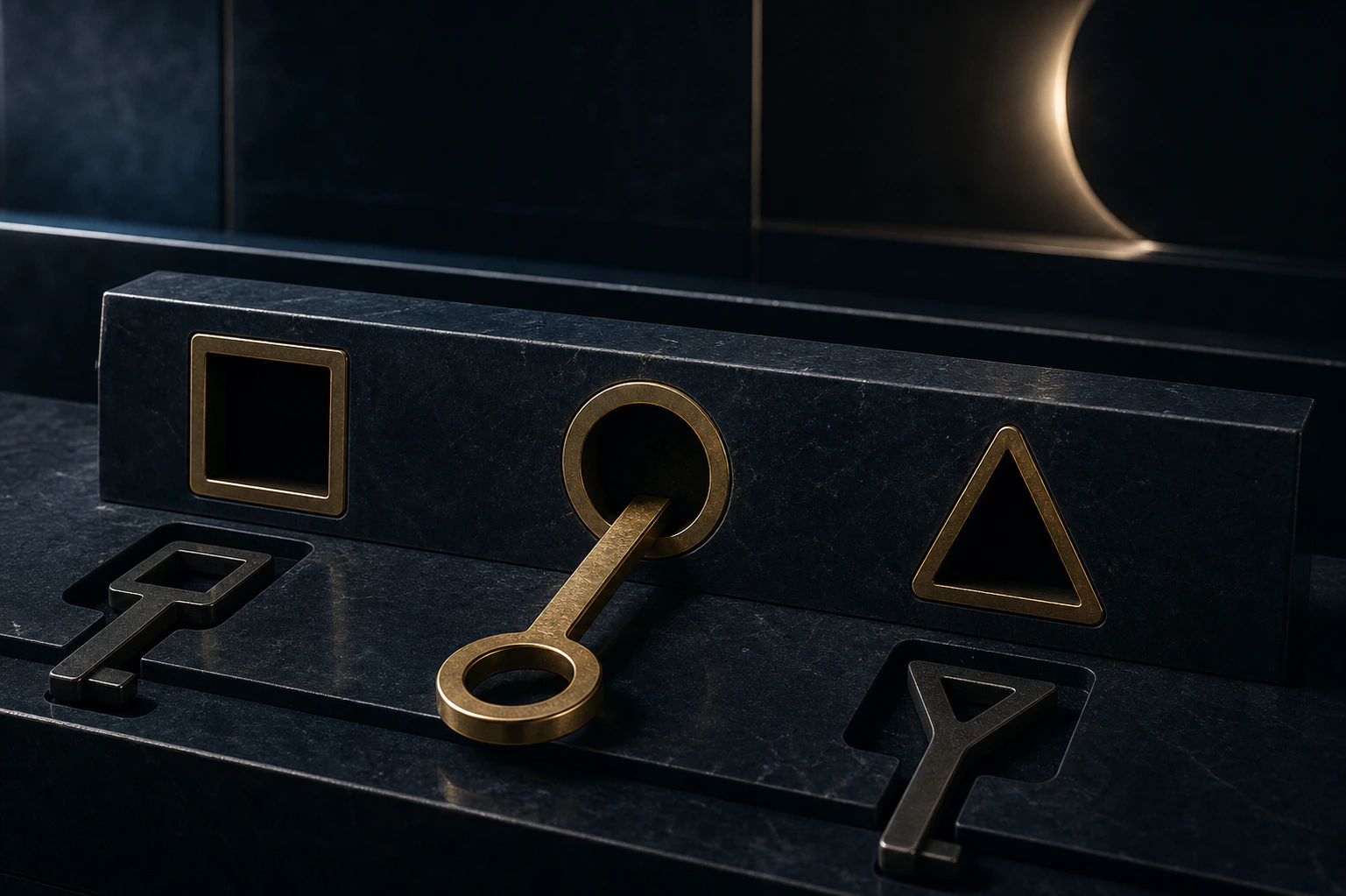 Blank brass action key aligned with one matching slot while incompatible shapes remain outside the mechanism