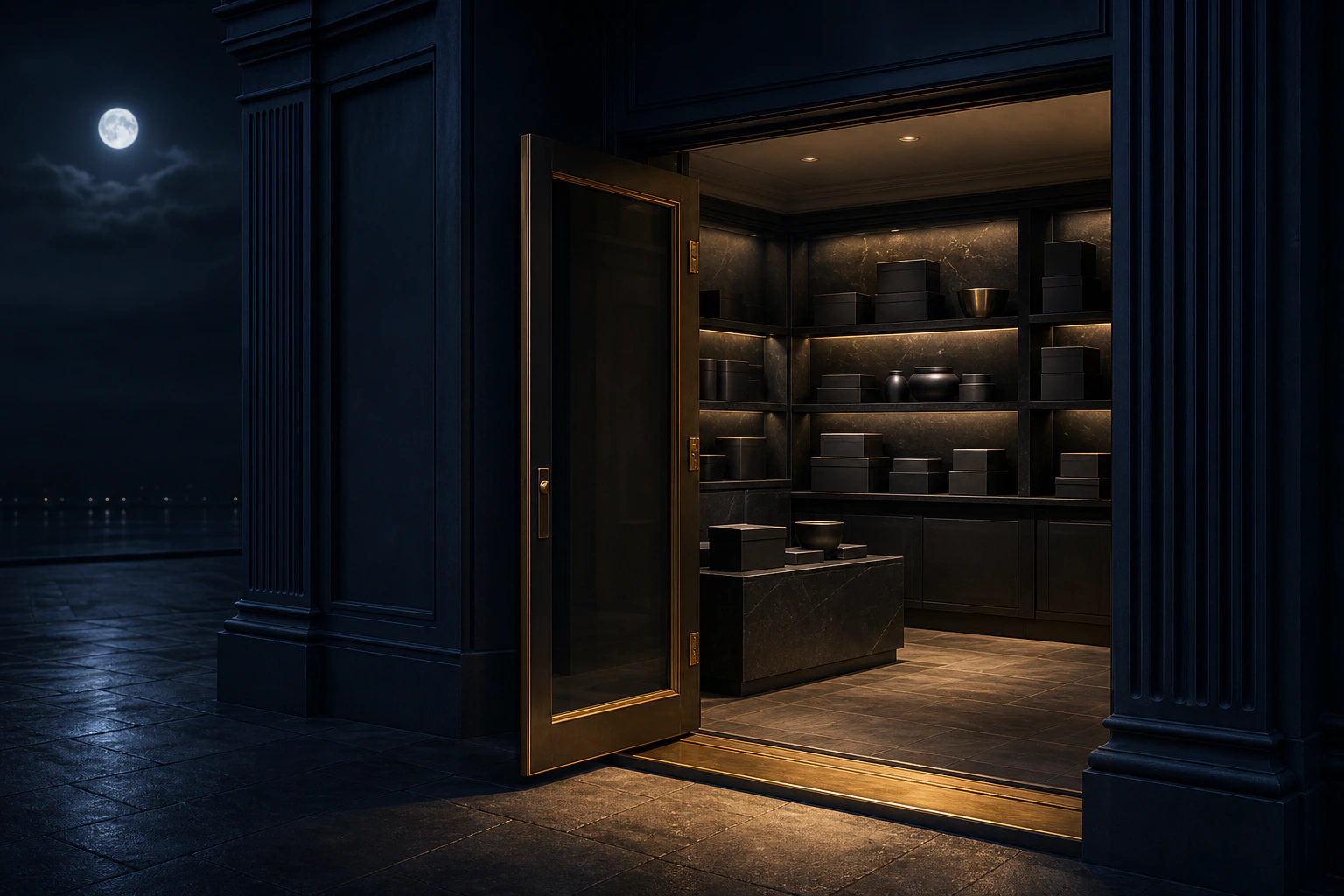 Empty midnight storefront opened to a gold-edged entry with blank products staged for invitation and access