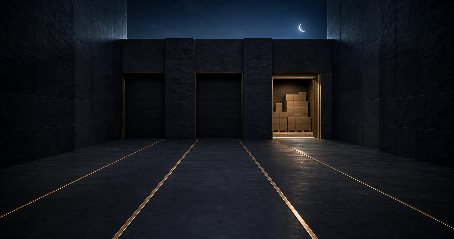 Three empty candidate bays narrow to one gold-lit loading threshold with blank inventory ready inside