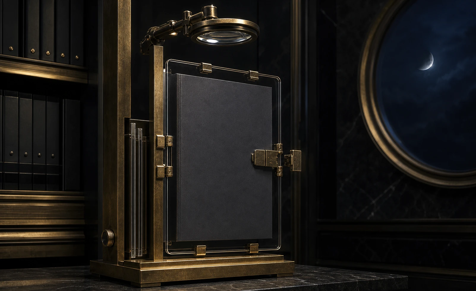 Blank contract folio held in an open brass inspection frame before the final clasp can close