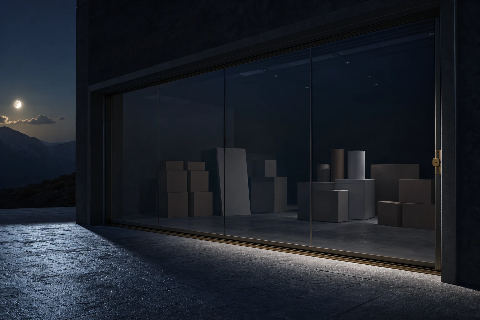 Packed blank inventory waiting inside a dark launch bay while moonlight stops short of the closed gold-edged threshold