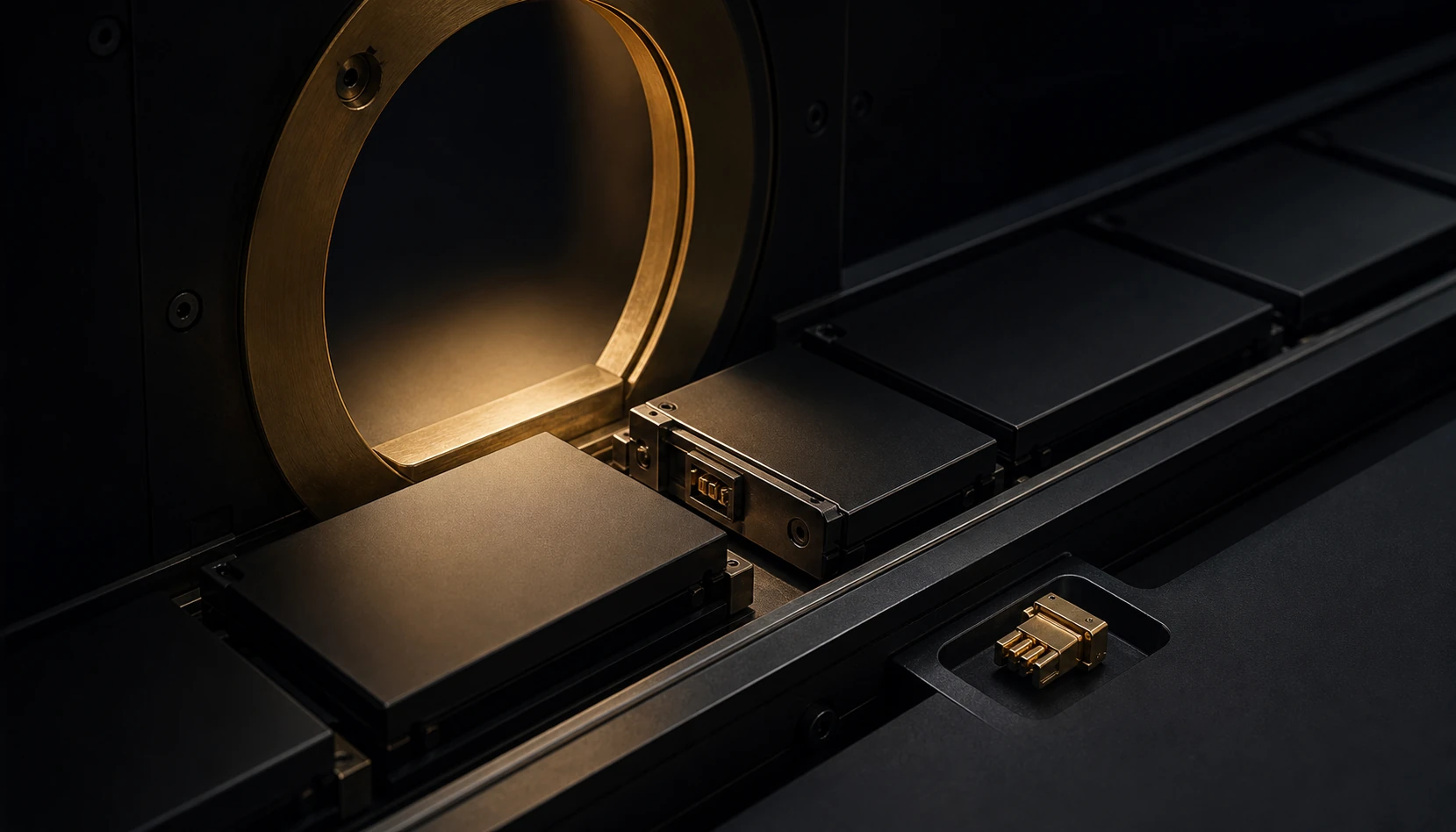 Precision product rail paused beneath a gold inspection aperture where one missing connector is clearly visible