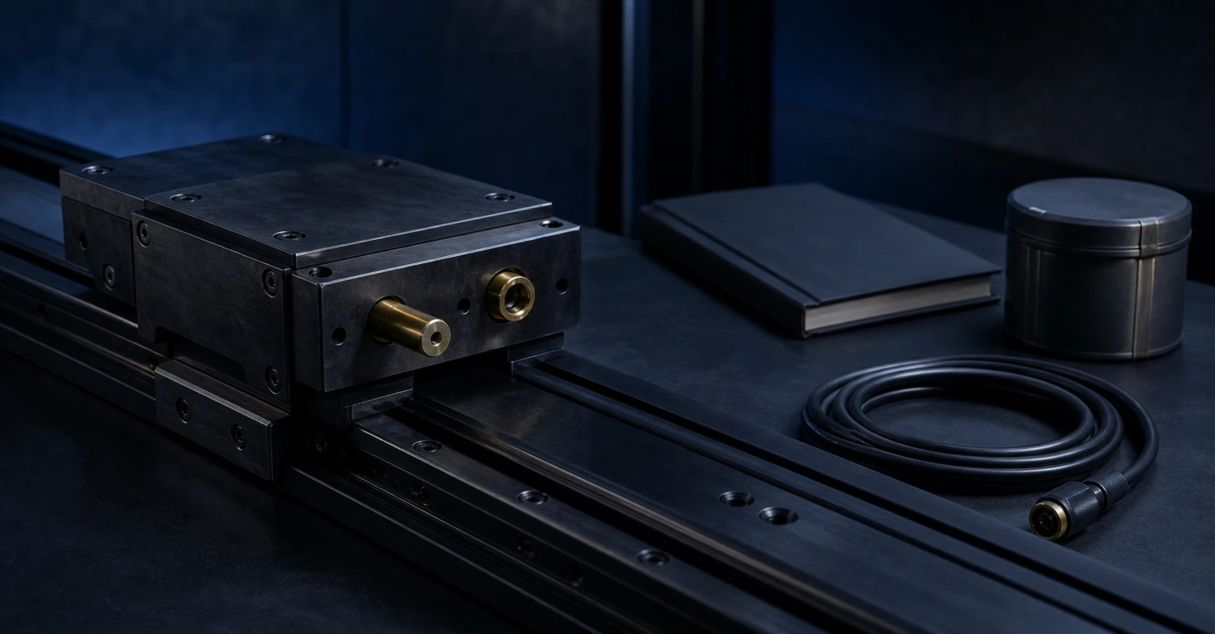 A precision start mechanism pauses at a misaligned locking pin beside an unplugged cable and blank launch folio