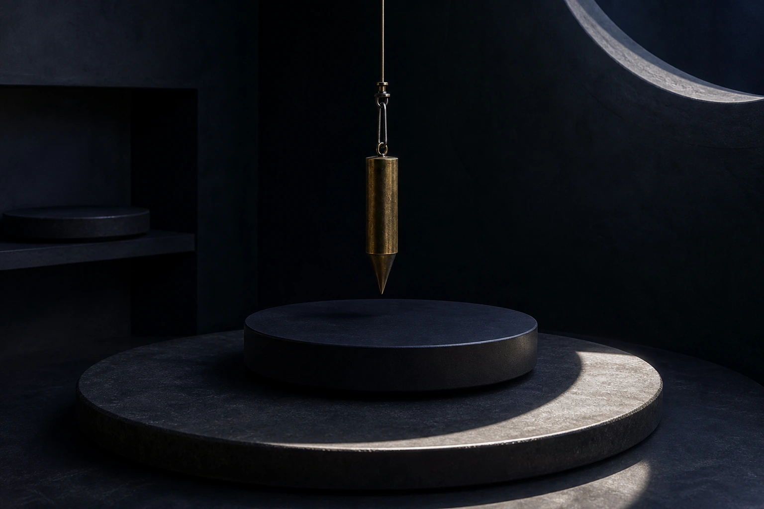 A stable brass plumb instrument rests over a prepared workpiece while soft moonlight clears the starting surface