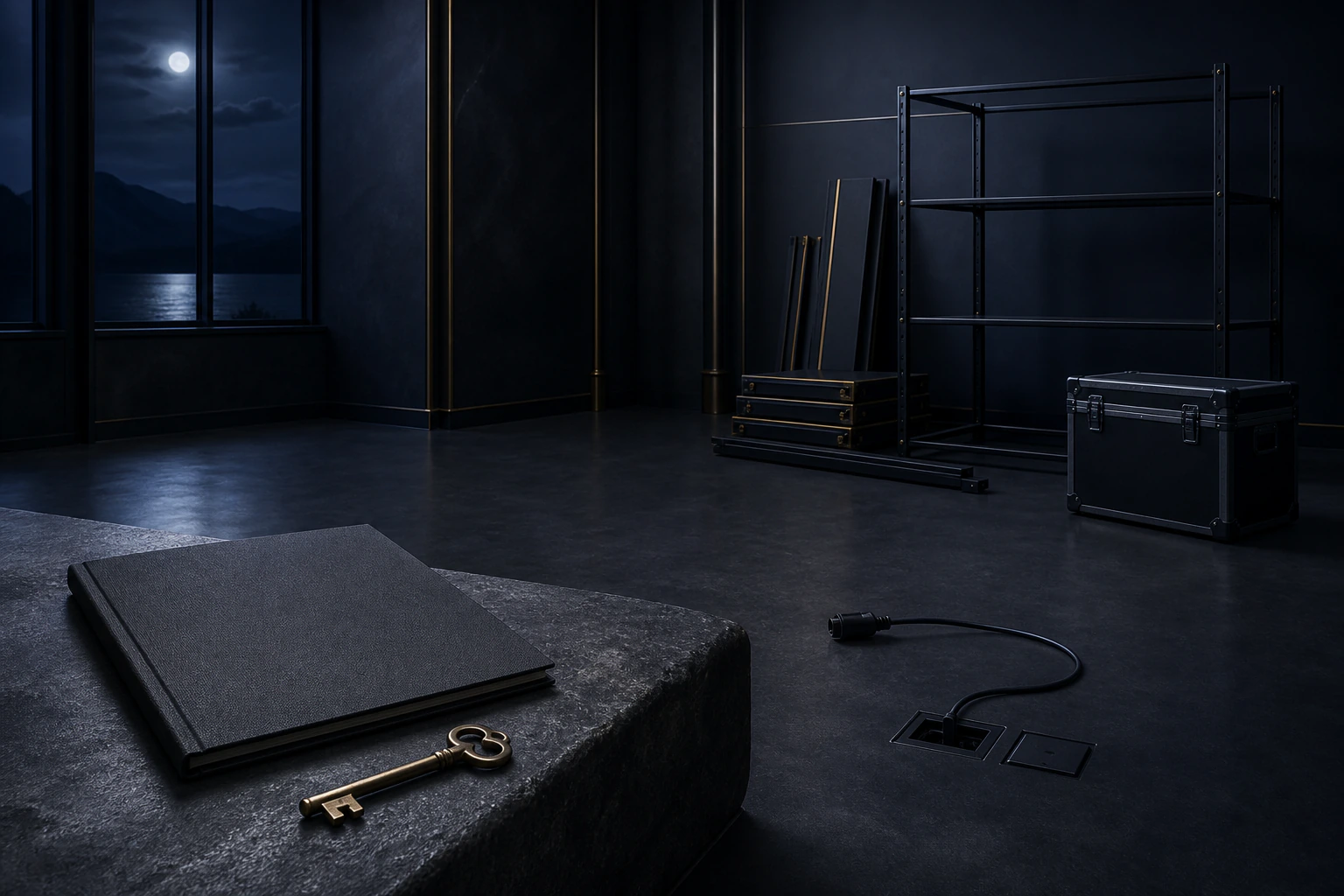 Keys and a blank lease folio wait inside an unfinished indigo studio with disconnected power and incomplete storage