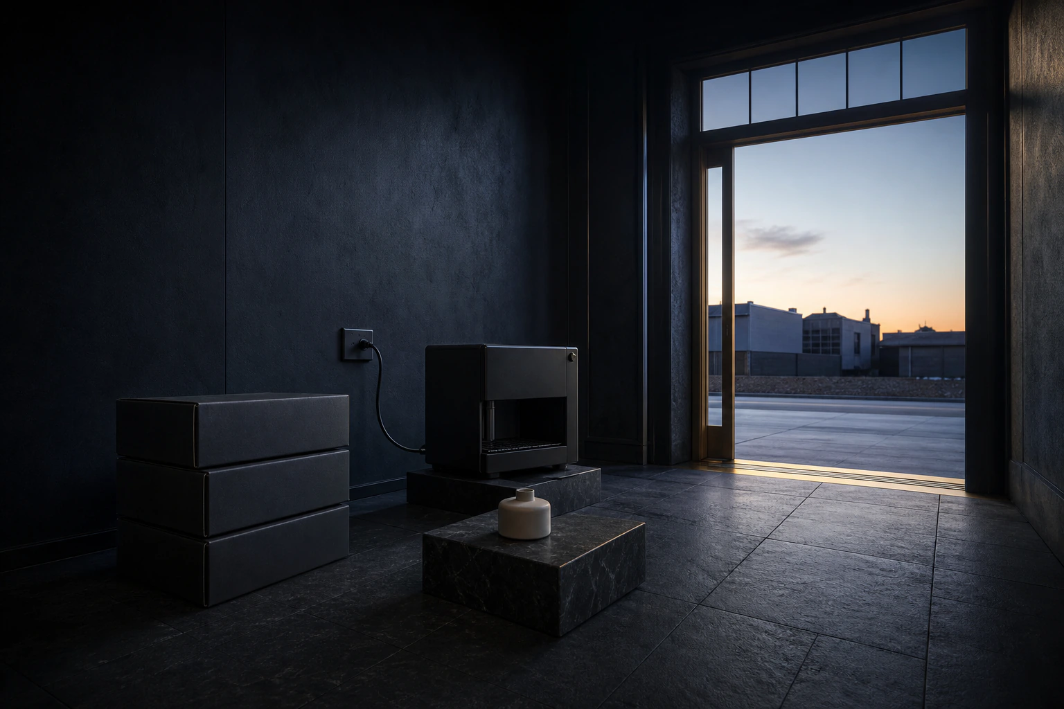 An empty midnight-indigo studio opens cleanly at dawn with prepared unbranded packages and connected equipment