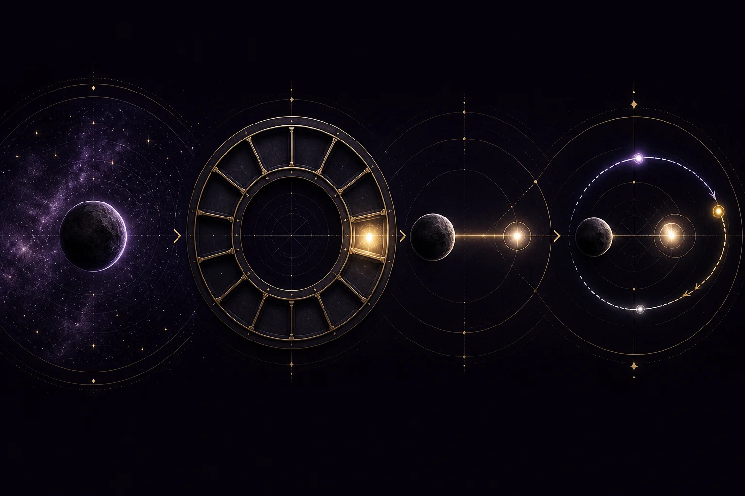 A four-stage Pluto reading diagram moving from a broad sign field through house and exact aspect to repeated transit passes