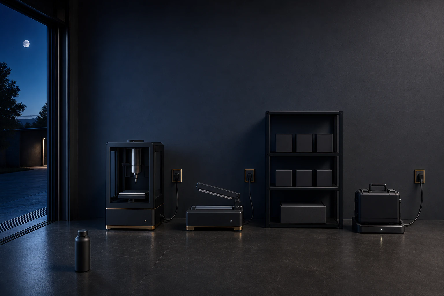Empty predawn studio uses three independent work systems, three wall circuits, blank packages, and a finished useful product