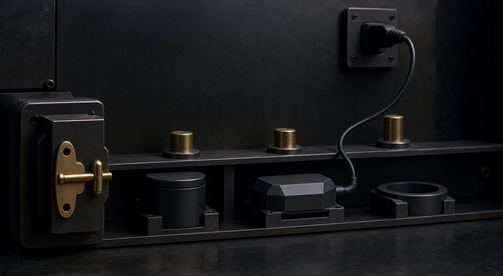 Plain launch key held by a brass safety interlock until a reserve canister, complete prototype, and intact cable are ready