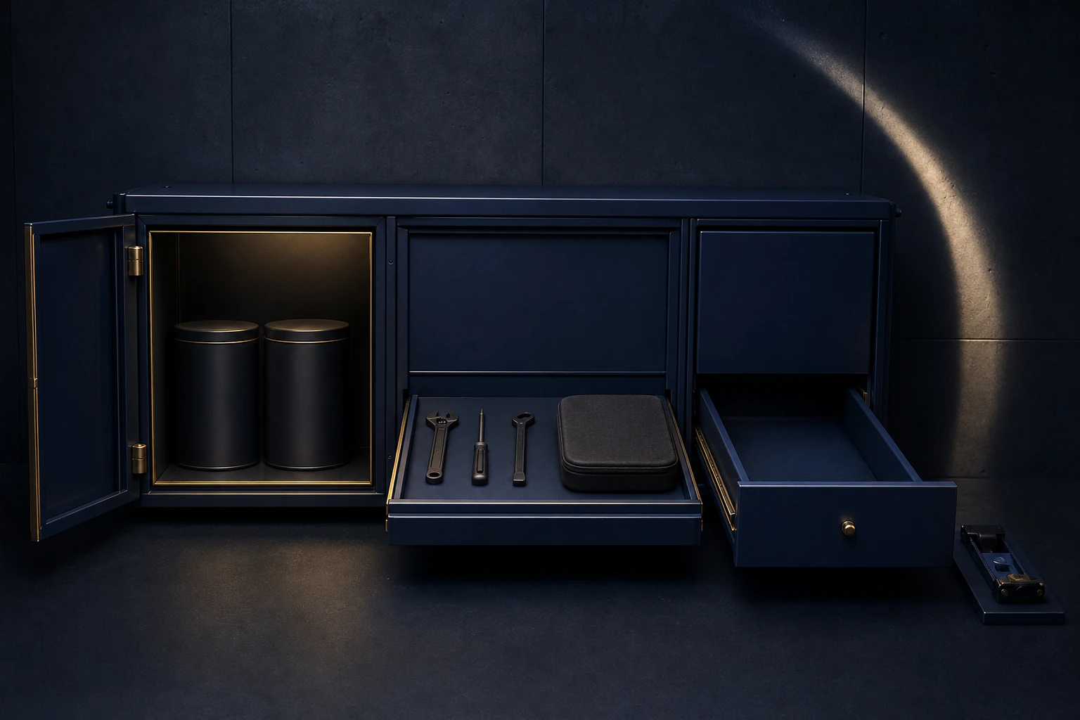 Renovated wall cabinet directs resources into a sealed reserve, fitted skill tools, and a cleared closure drawer