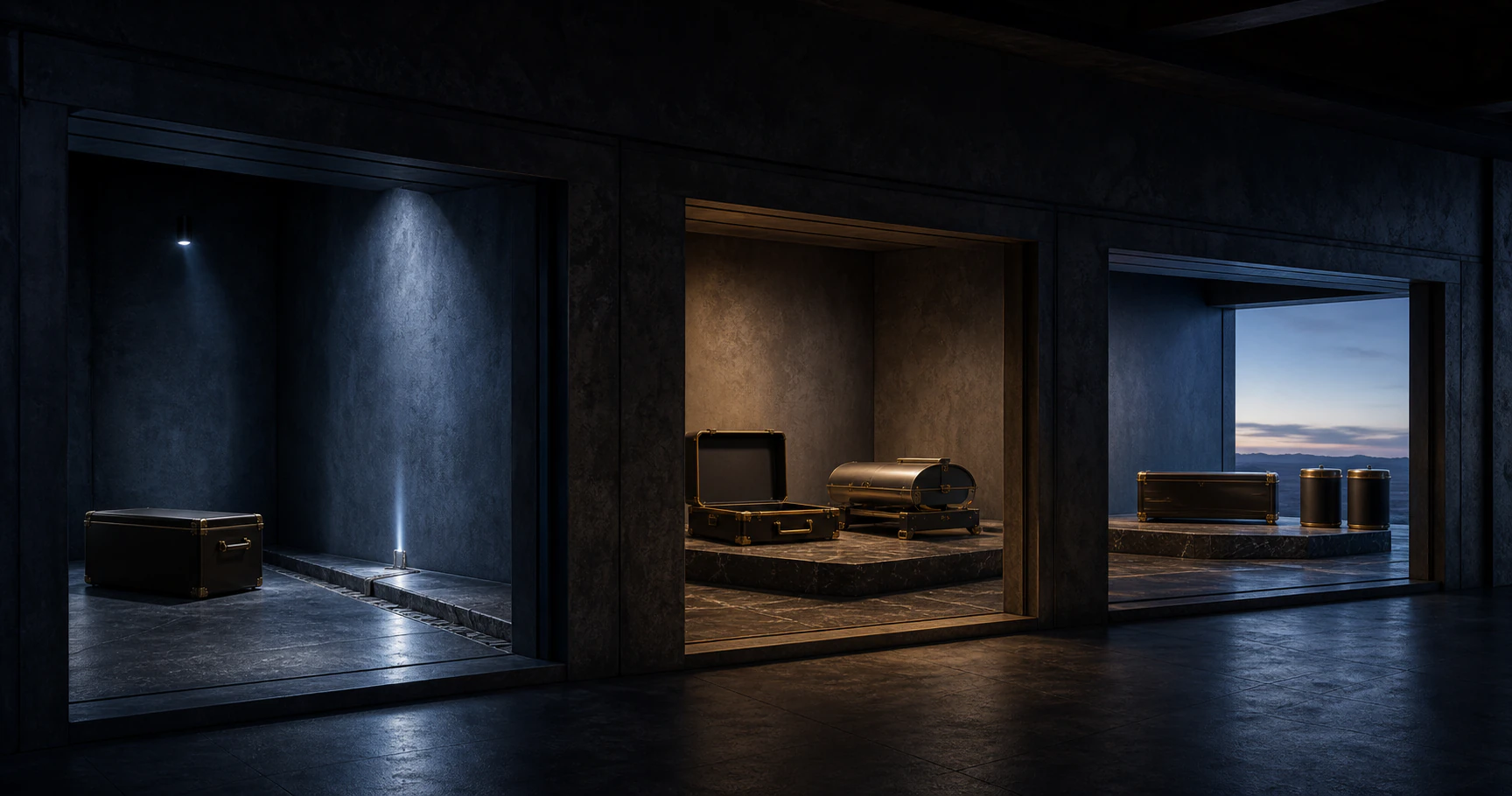 Three connected indigo rooms progress from an exposed old income case through active rebuilding to a stable stocked studio