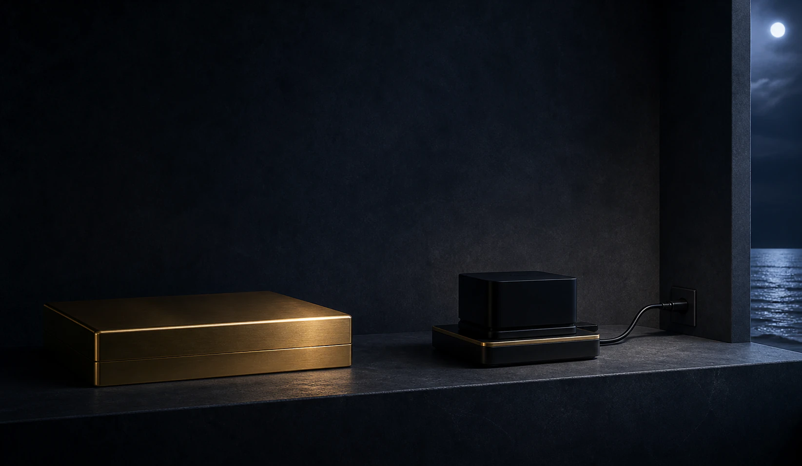 Sealed polished status case on a dark plinth opposite a functional prototype connected to an open moonlit studio