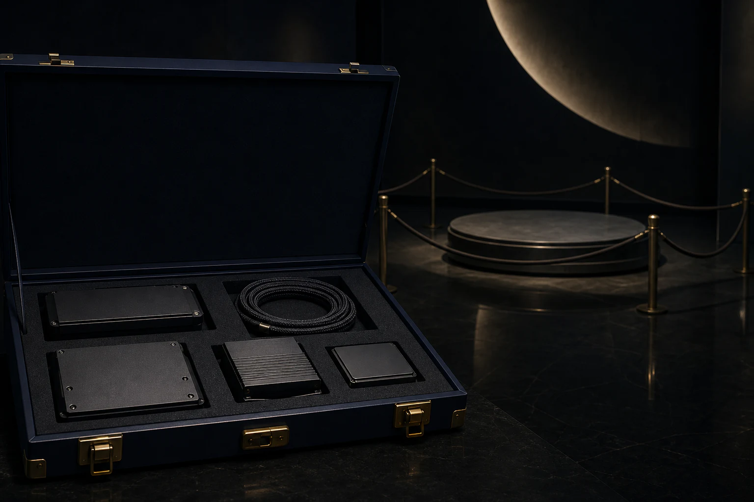 Completed project components settled into a fitted archive case while a new-launch pedestal remains behind a closed barrier