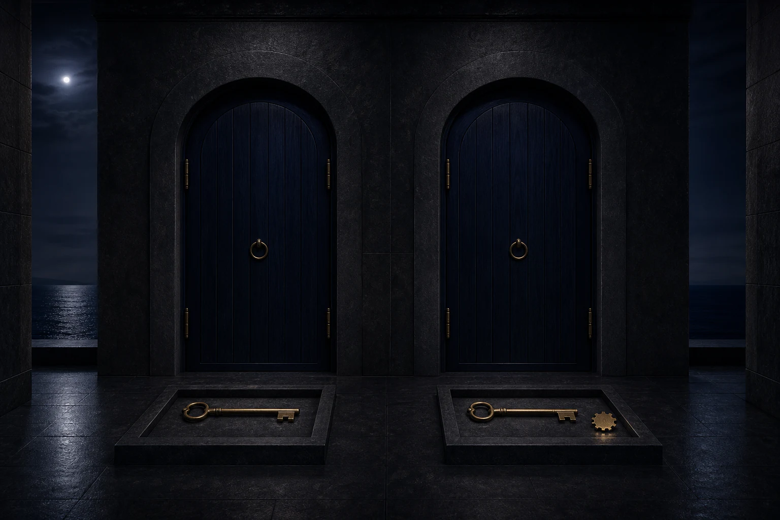 Two equally ready launch keys beside matching doors with one restrained six-notched timing token breaking the tie
