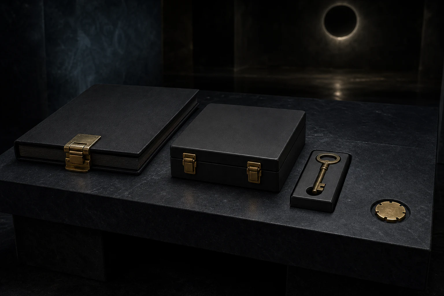 Blank contract folio, budget case, and venue key secured by practical hardware while a small Rokuyo token remains separate