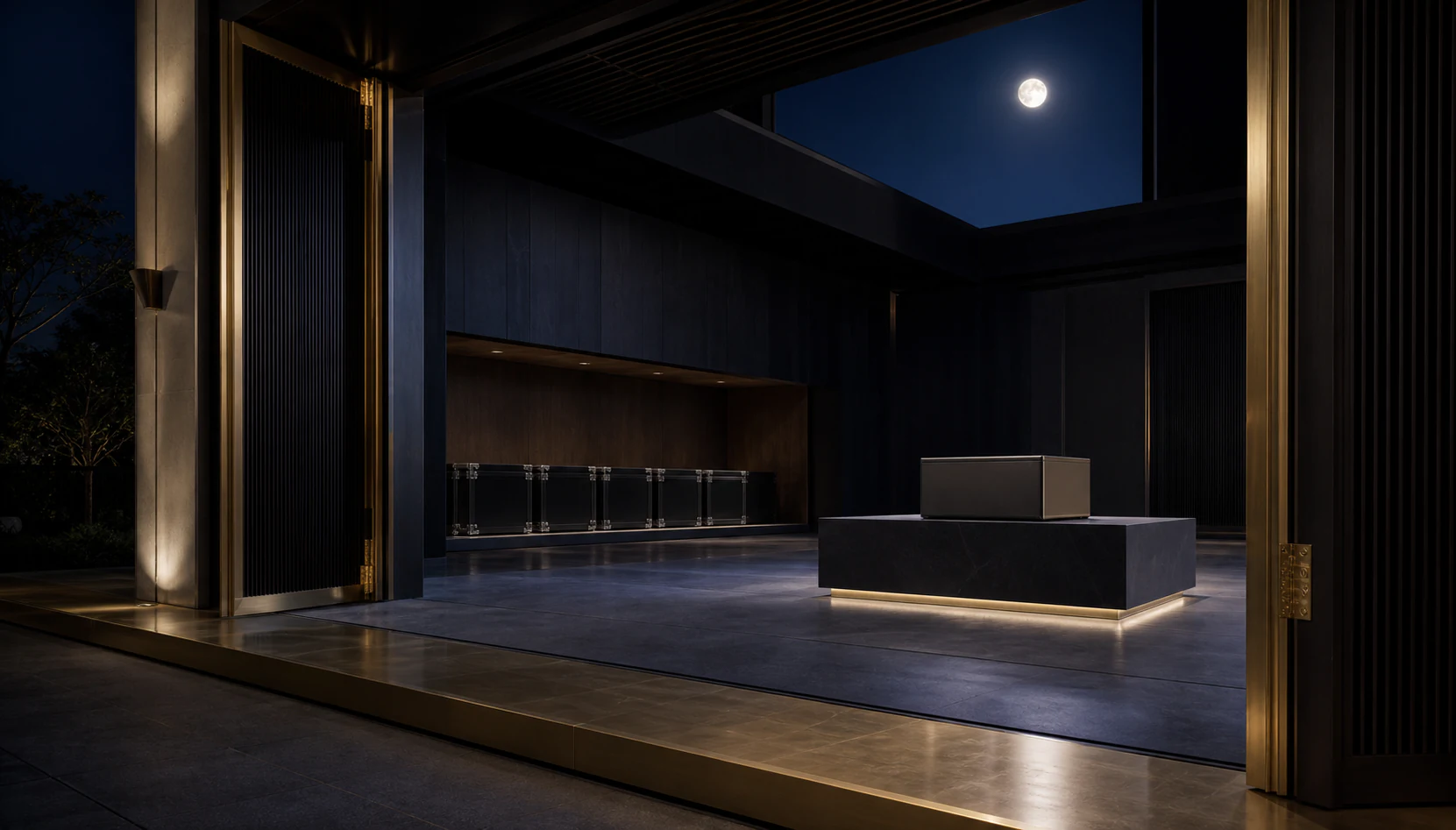 Empty public launch pavilion with a blank finished prototype and an unobstructed gold-lit threshold