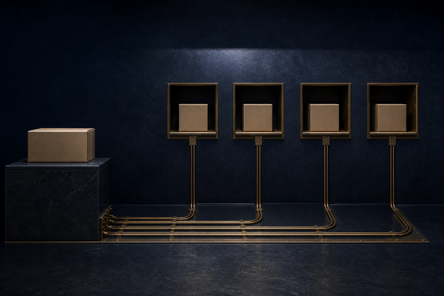 Central blank campaign parcel connected through brass conduits to four outward receiving bays in an empty gallery