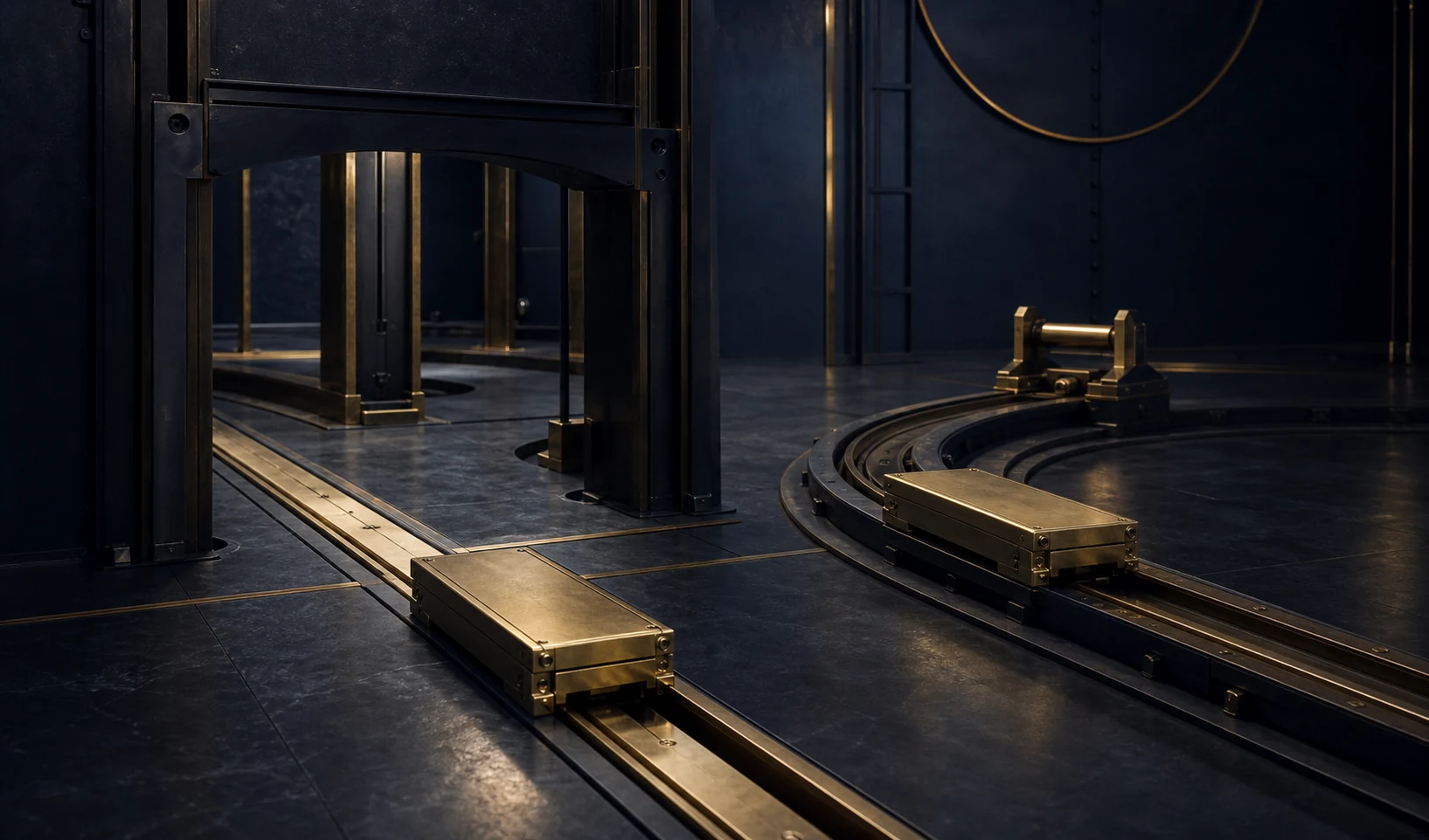 Forward construction rail setting a new brass module while a separate return loop carries another module to review