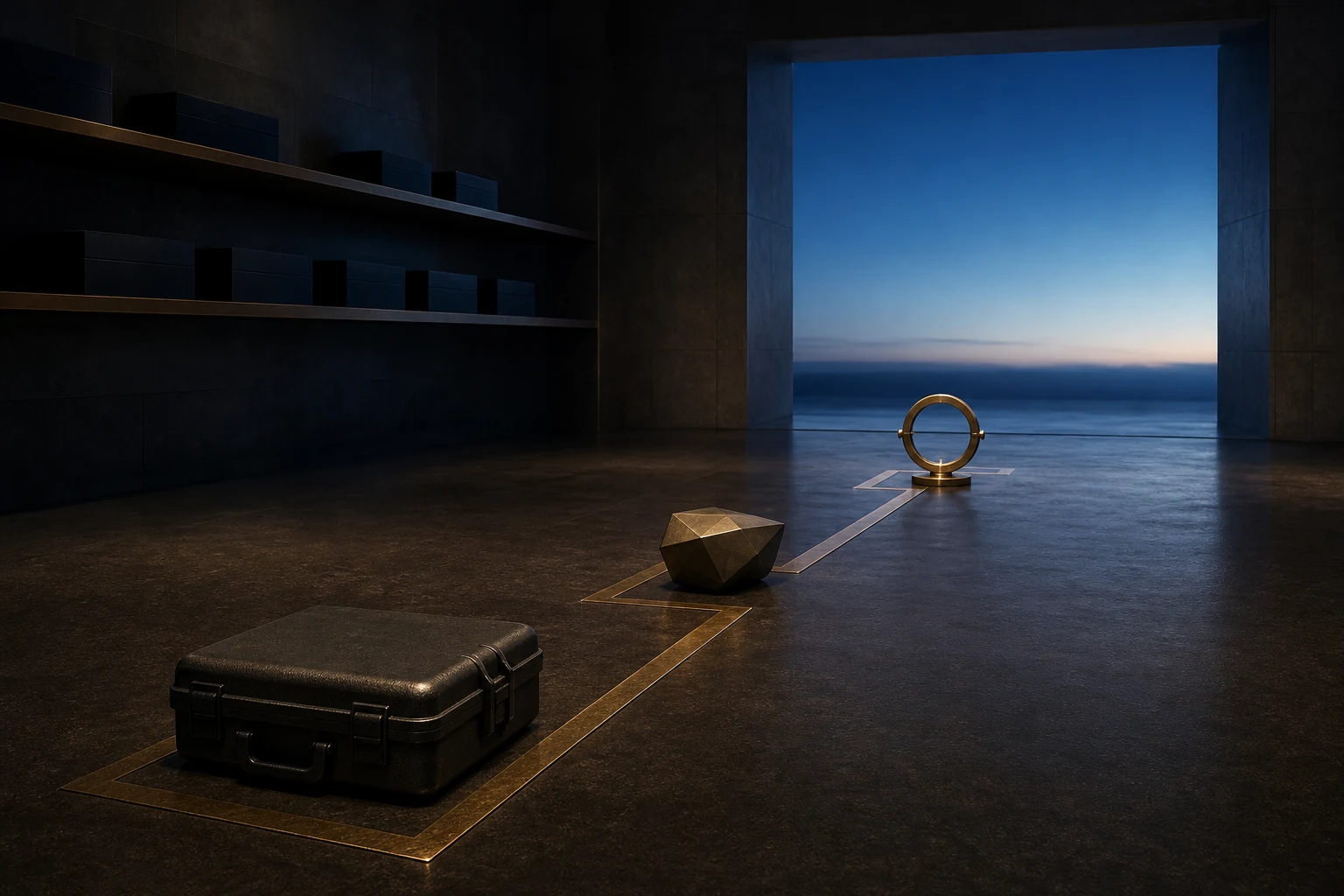 Packed tool case and finished prototype aligned along a gold-edged path toward an open predawn studio