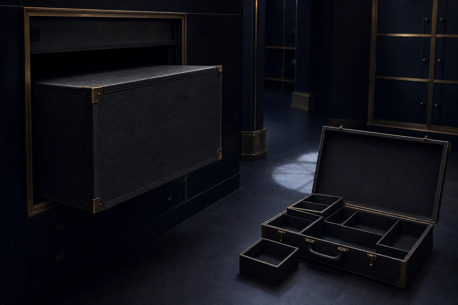 Rigid blank career case no longer fitting its fitted archive slot beside an open modular tool case