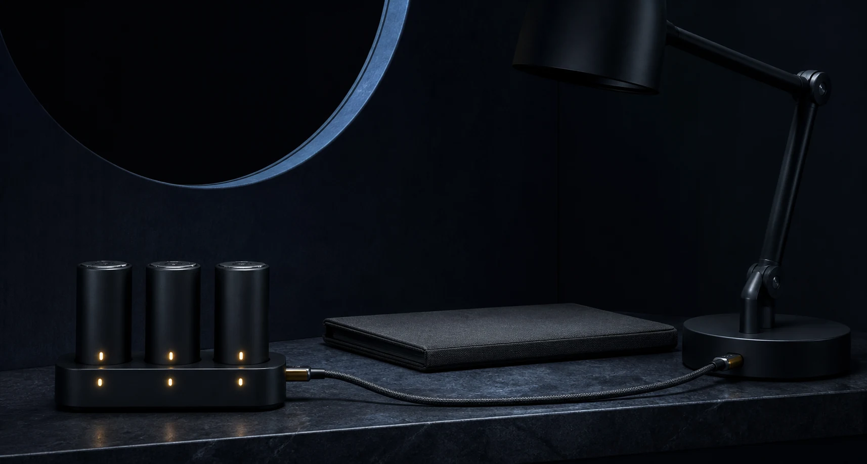 Fully charged blank power cells beside a work lamp that remains dark in an empty office alcove