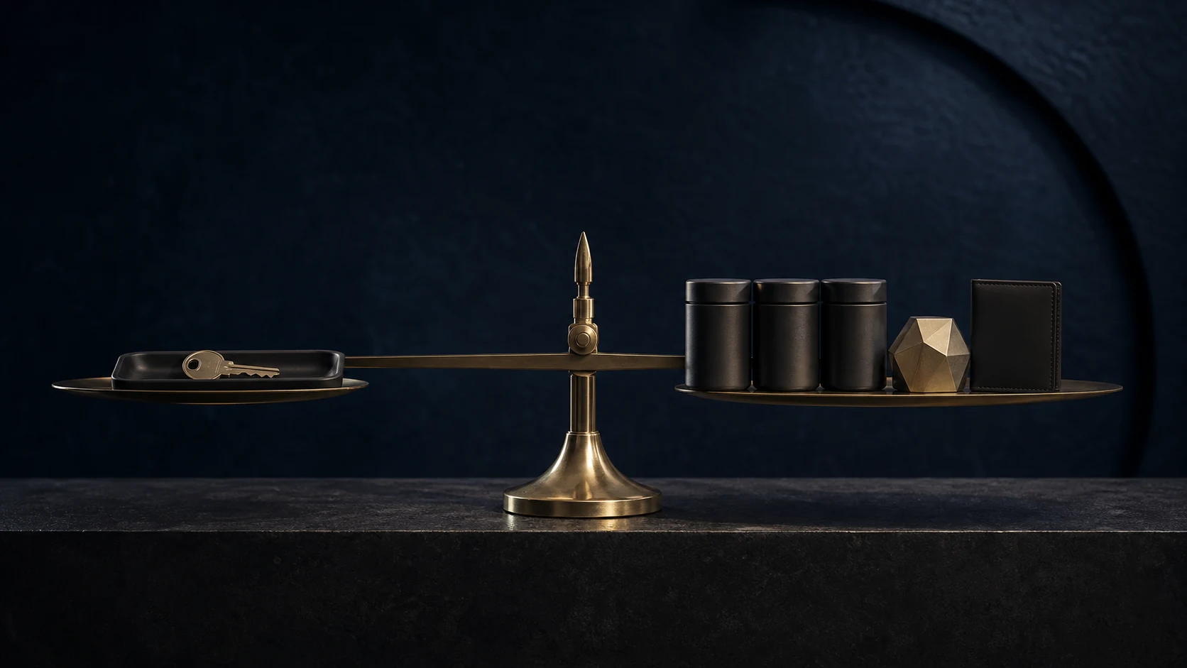 Current-role key held in a secure tray until reserve canisters and a tested prototype balance a brass scale