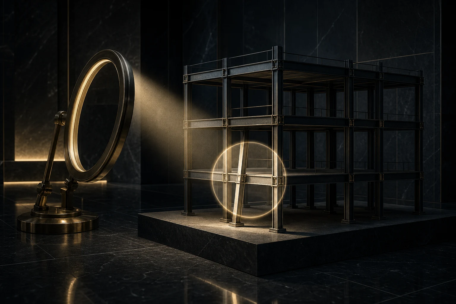 Antique-gold inspection ring exposing a misaligned support in a dark architectural career model